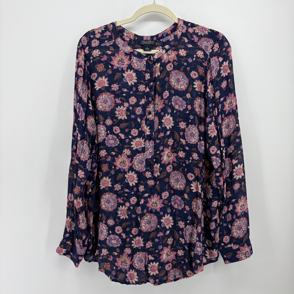Lucky Brand Womens Large Navy Pink Floral Viscose Long Sleeve Henley Blouse Boho